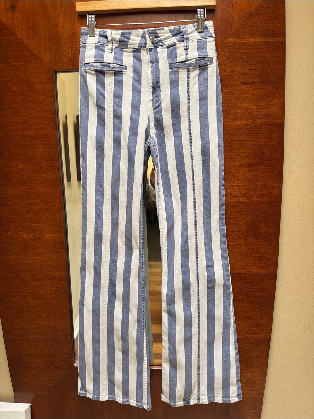 Free People Blue & White Striped Flare Jeans with Red Star Back Patches - Picture 4 of 8